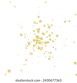 Superposición de vector de estrellas mágicas.  Estrellas de oro esparcidas al azar, cayendo, flotando.  Plantilla de superposición infantil de ensueño caótico. Encantador vector con estrellas mágicas sobre fondo blanco.