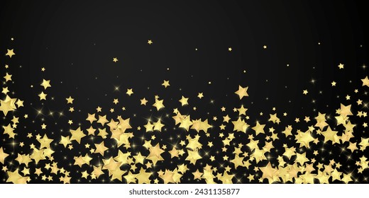 Magic stars vector overlay.  Gold stars scattered around randomly, falling down, floating.  Chaotic dreamy childish overlay template. Miraculous starry night vector  on black background.
