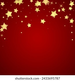 Magic stars vector overlay.  Gold stars scattered around randomly, falling down, floating.  Chaotic dreamy childish overlay template. Vector fairytale  on red background.
