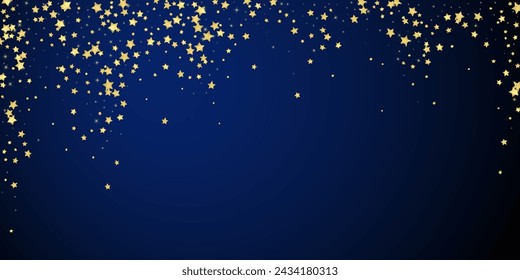 Superposición de vector de estrellas mágicas.  Estrellas de oro esparcidas al azar, cayendo, flotando.  Plantilla de superposición infantil de ensueño caótico. Cielo mágico de la noche de la historieta sobre fondo azul oscuro.