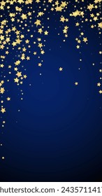 Magic stars vector overlay.  Gold stars scattered around randomly, falling down, floating.  Chaotic dreamy childish overlay template. Vector fairytale  on dark blue background.