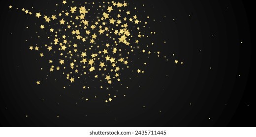 Magic stars vector overlay.  Gold stars scattered around randomly, falling down, floating.  Chaotic dreamy childish overlay template. Vector fairytale  on black background.