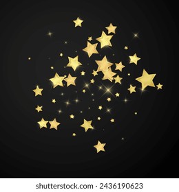 Superposición de vector de estrellas mágicas.  Estrellas de oro esparcidas al azar, cayendo, flotando.  Plantilla de superposición infantil de ensueño caótico. Encantador vector con estrellas mágicas sobre fondo negro.