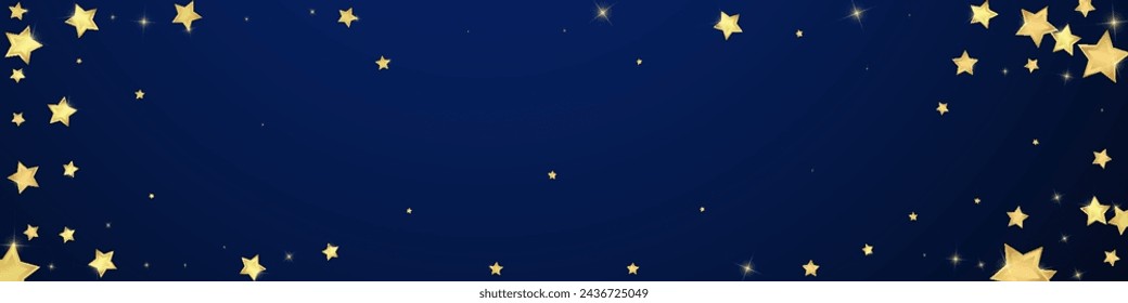 Superposición de vector de estrellas mágicas.  Estrellas de oro esparcidas al azar, cayendo, flotando.  Plantilla de superposición infantil de ensueño caótico. Cielo mágico de la noche de la historieta sobre fondo azul oscuro.