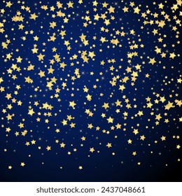 Magic stars vector overlay.  Gold stars scattered around randomly, falling down, floating.  Chaotic dreamy childish overlay template. Vector fairytale  on dark blue background.