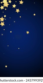 Magic stars vector overlay.  Gold stars scattered around randomly, falling down, floating.  Chaotic dreamy childish overlay template. Miraculous starry night vector  on dark blue background.