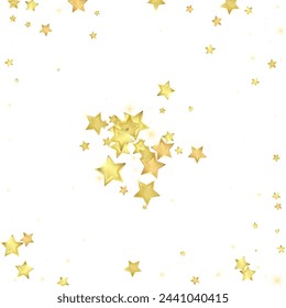 Magic stars vector overlay.  Gold stars scattered around randomly, falling down, floating.  Chaotic dreamy childish overlay template. Enchanting vector with magic stars on white background.