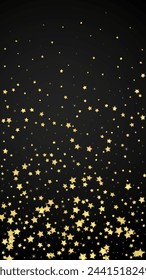 Magic stars vector overlay.  Gold stars scattered around randomly, falling down, floating.  Chaotic dreamy childish overlay template. Vector fairytale  on black background.