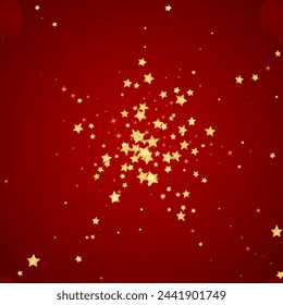 Magic stars vector overlay.  Gold stars scattered around randomly, falling down, floating.  Chaotic dreamy childish overlay template. Magical cartoon night sky on red background.