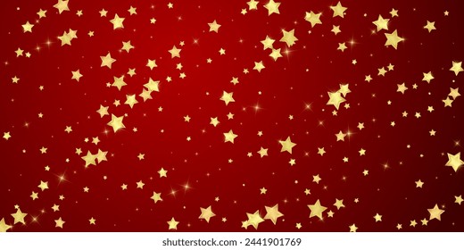 Magic stars vector overlay.  Gold stars scattered around randomly, falling down, floating.  Chaotic dreamy childish overlay template. Enchanting vector with magic stars on red background.