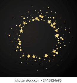 Magic stars vector overlay.  Gold stars scattered around randomly, falling down, floating.  Chaotic dreamy childish overlay template. Enchanting vector with magic stars on black background.