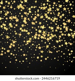 Magic stars vector overlay.  Gold stars scattered around randomly, falling down, floating.  Chaotic dreamy childish overlay template. Enchanting vector with magic stars on black background.