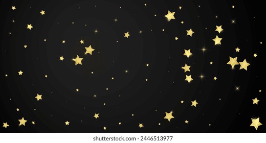 Magic stars vector overlay.  Gold stars scattered around randomly, falling down, floating.  Chaotic dreamy childish overlay template. Miraculous starry night vector  on black background.