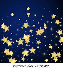 Magic stars vector overlay.  Gold stars scattered around randomly, falling down, floating.  Chaotic dreamy childish overlay template. Vector magic overlay  on dark blue background.