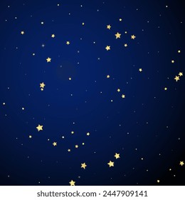 Magic stars vector overlay.  Gold stars scattered around randomly, falling down, floating.  Chaotic dreamy childish overlay template. on dark blue background.