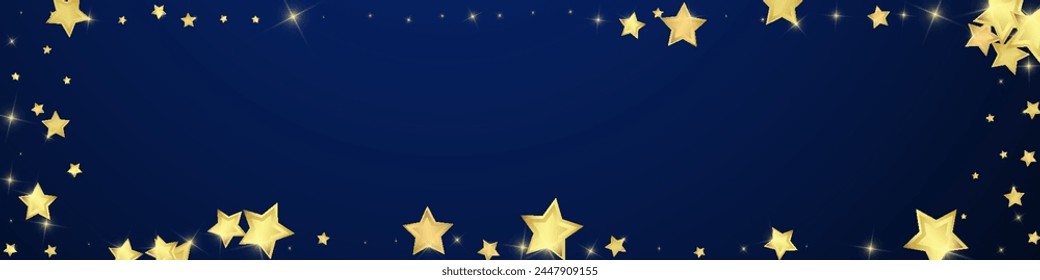 Superposición de Vector de estrellas mágicas.  Estrellas de oro esparcidas al azar, cayendo, flotando.  Caótica Plantilla infantil de ensueño. Cielo mágico de la noche de la historieta sobre fondo azul oscuro.