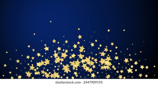 Magic stars vector overlay.  Gold stars scattered around randomly, falling down, floating.  Chaotic dreamy childish overlay template. on dark blue background.