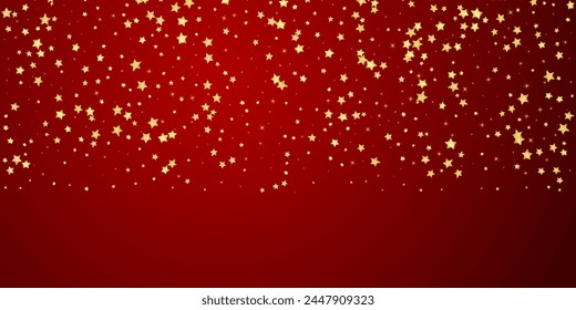 Superposición de Vector de estrellas mágicas.  Estrellas de oro esparcidas al azar, cayendo, flotando.  Caótica Plantilla infantil de ensueño. Vector mágico sobre fondo rojo.