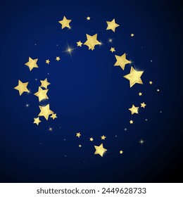 Magic stars vector overlay.  Gold stars scattered around randomly, falling down, floating.  Chaotic dreamy childish overlay template. Vector fairytale  on dark blue background.