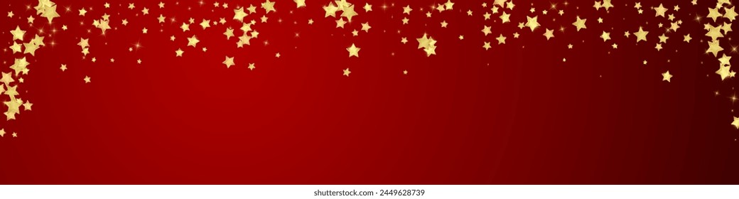 Magic stars vector overlay.  Gold stars scattered around randomly, falling down, floating.  Chaotic dreamy childish overlay template. Miraculous starry night vector  on red background.