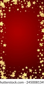 Magic stars vector overlay.  Gold stars scattered around randomly, falling down, floating.  Chaotic dreamy childish overlay template. Magical cartoon night sky on red background.