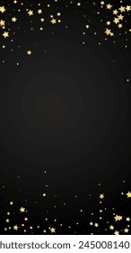Magic stars vector overlay.  Gold stars scattered around randomly, falling down, floating.  Chaotic dreamy childish overlay template. Magical cartoon night sky on black background.