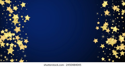 Magic stars vector overlay. Gold stars scattered around randomly, falling down, floating. Chaotic dreamy childish overlay template. Enchanting vector with magic stars on dark blue background.