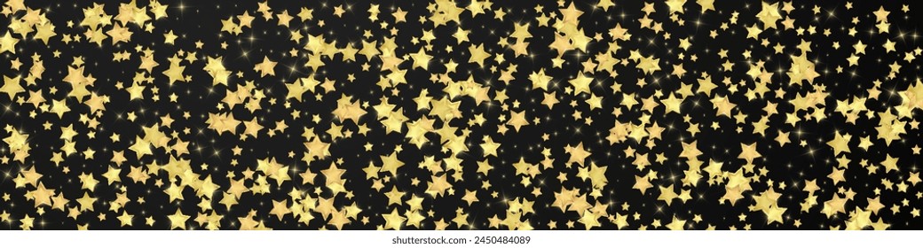 Magische Sterne Vektorgrafik Overlay. Goldsterne verstreuten sich zufällig, fallen herunter, treiben. Chaotische verträumte kindliche Overlay-Vorlage. Vektorgrafik Märchen auf schwarzem Hintergrund.
