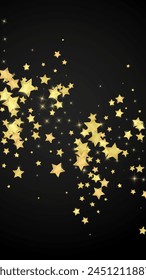 Magic stars vector overlay.  Gold stars scattered around randomly, falling down, floating.  Chaotic dreamy childish overlay template. Vector fairytale  on black background.