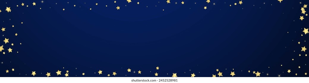 Magic stars vector overlay.  Gold stars scattered around randomly, falling down, floating.  Chaotic dreamy childish overlay template. Magical cartoon night sky on dark blue background.