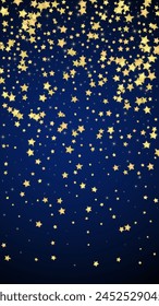 Magic stars vector overlay.  Gold stars scattered around randomly, falling down, floating.  Chaotic dreamy childish overlay template. Vector fairytale  on dark blue background.