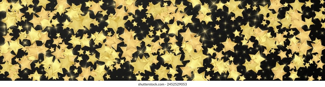Magic stars vector overlay.  Gold stars scattered around randomly, falling down, floating.  Chaotic dreamy childish overlay template. Miraculous starry night vector  on black background.