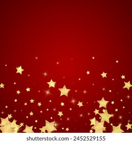 Magic stars vector overlay.  Gold stars scattered around randomly, falling down, floating.  Chaotic dreamy childish overlay template. on red background.