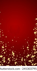 Magic stars vector overlay.  Gold stars scattered around randomly, falling down, floating.  Chaotic dreamy childish overlay template. Magical cartoon night sky on red background.