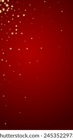 Magic stars vector overlay.  Gold stars scattered around randomly, falling down, floating.  Chaotic dreamy childish overlay template. Miraculous starry night vector  on red background.