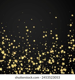 Magic stars vector overlay.  Gold stars scattered around randomly, falling down, floating.  Chaotic dreamy childish overlay template. Magical cartoon night sky on black background.