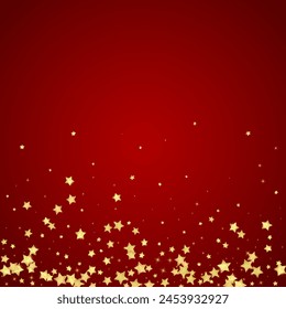 Magic stars vector overlay.  Gold stars scattered around randomly, falling down, floating.  Chaotic dreamy childish overlay template. Enchanting vector with magic stars on red background.