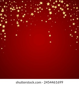 Magic stars vector overlay.  Gold stars scattered around randomly, falling down, floating.  Chaotic dreamy childish overlay template. Vector magic overlay  on red background.