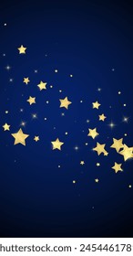 Magic stars vector overlay.  Gold stars scattered around randomly, falling down, floating.  Chaotic dreamy childish overlay template. Miraculous starry night vector  on dark blue background.