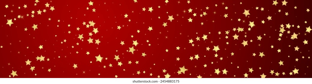 Superposición de Vector de estrellas mágicas.  Estrellas de oro esparcidas al azar, cayendo, flotando.  Plantilla de superposición infantil de ensueño caótico. sobre fondo rojo.