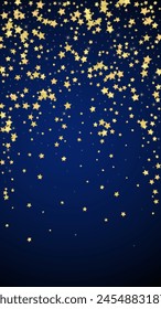 Superposición de Vector de estrellas mágicas.  Estrellas de oro esparcidas al azar, cayendo, flotando.  Caótica Plantilla infantil de ensueño. Vector encantador con estrellas mágicas sobre fondo azul oscuro.