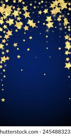 Superposición de Vector de estrellas mágicas.  Estrellas de oro esparcidas al azar, cayendo, flotando.  Caótica Plantilla infantil de ensueño. Vector encantador con estrellas mágicas sobre fondo azul oscuro.
