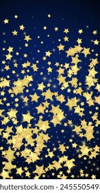 Magic stars vector overlay.  Gold stars scattered around randomly, falling down, floating.  Chaotic dreamy childish overlay template. Vector fairytale  on dark blue background.