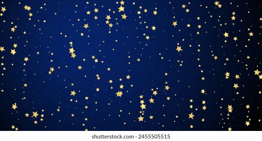 Magic stars vector overlay.  Gold stars scattered around randomly, falling down, floating.  Chaotic dreamy childish overlay template. Enchanting vector with magic stars on dark blue background.