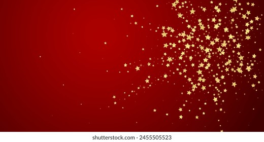 Superposición de Vector de estrellas mágicas.  Estrellas de oro esparcidas al azar, cayendo, flotando.  Caótica Plantilla infantil de ensueño. Vector mágico sobre fondo rojo.