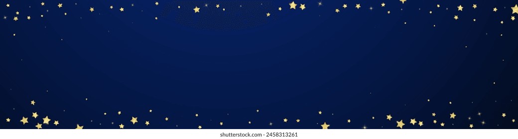 Magic stars vector overlay.  Gold stars scattered around randomly, falling down, floating.  Chaotic dreamy childish overlay template. Magical cartoon night sky on dark blue background.