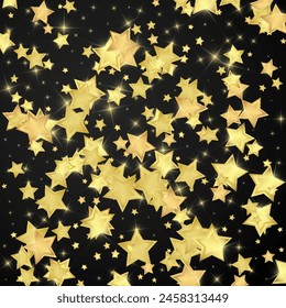 Magic stars vector overlay.  Gold stars scattered around randomly, falling down, floating.  Chaotic dreamy childish overlay template. Vector magic overlay  on black background.