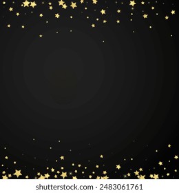 Magic stars vector overlay.  Gold stars scattered around randomly, falling down, floating.  Chaotic dreamy childish overlay template. Magical cartoon night sky on black background.