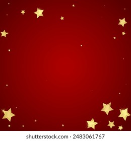Superposición de Vector de estrellas mágicas.  Estrellas de oro esparcidas al azar, cayendo, flotando.  Plantilla de superposición infantil de ensueño caótico. sobre fondo rojo.