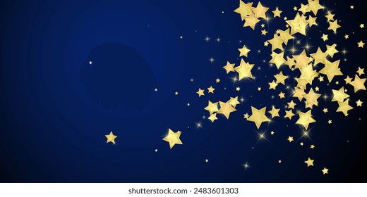 Magic stars vector overlay.  Gold stars scattered around randomly, falling down, floating.  Chaotic dreamy childish overlay template. Magical cartoon night sky on dark blue background.